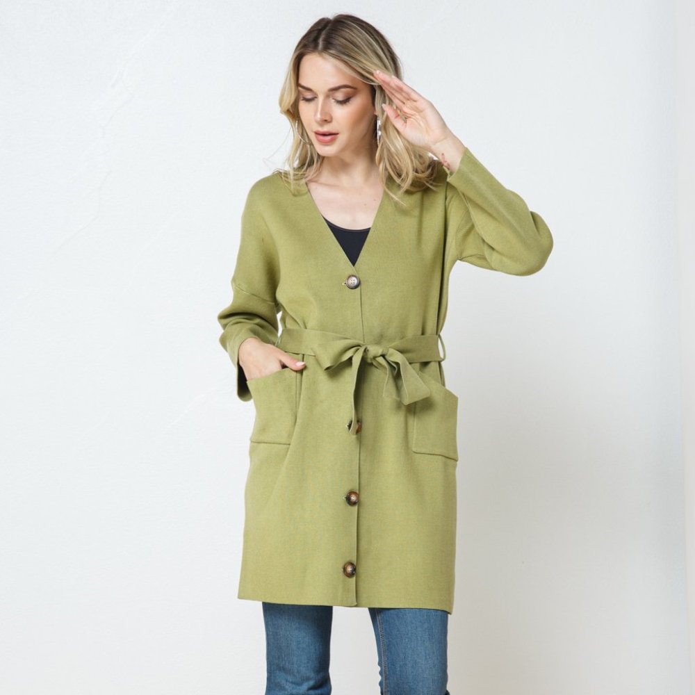 Rich Button Down Cardigan with Waist Tie Detail